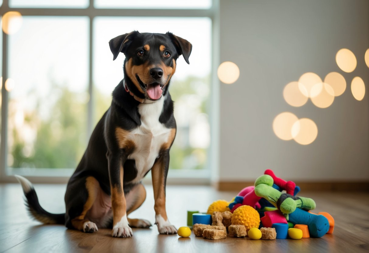 A 1 year old dog sitting attentively, with a wagging tail and focused eyes, next to a pile of toys and treats