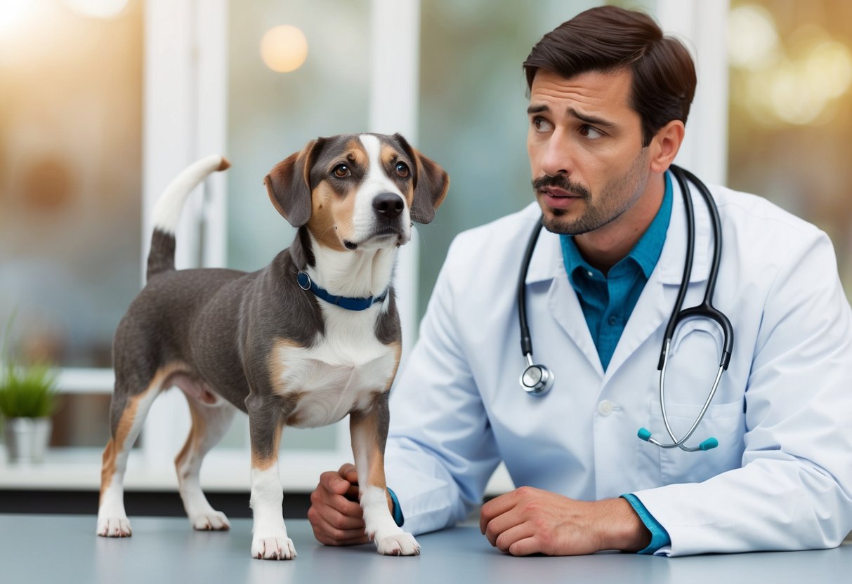 A 7-month-old dog standing next to a veterinarian, with a stethoscope around the vet's neck and a concerned look on their face