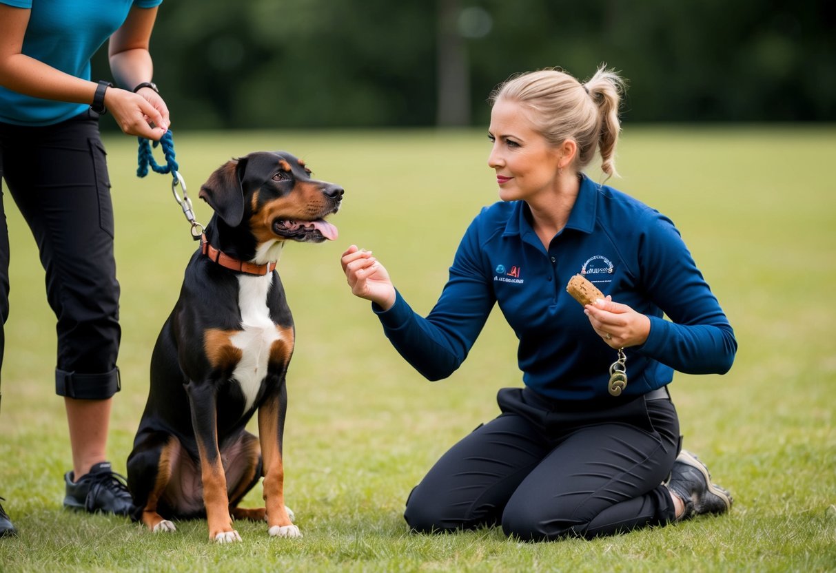 A 1-year-old dog sits attentively, focused on its trainer. The trainer holds a treat, ready to reward the dog for following commands