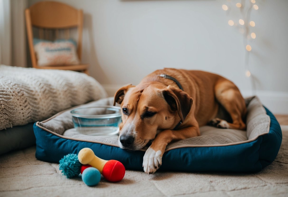An 11-year-old dog resting peacefully on a cozy bed, surrounded by toys and a water bowl