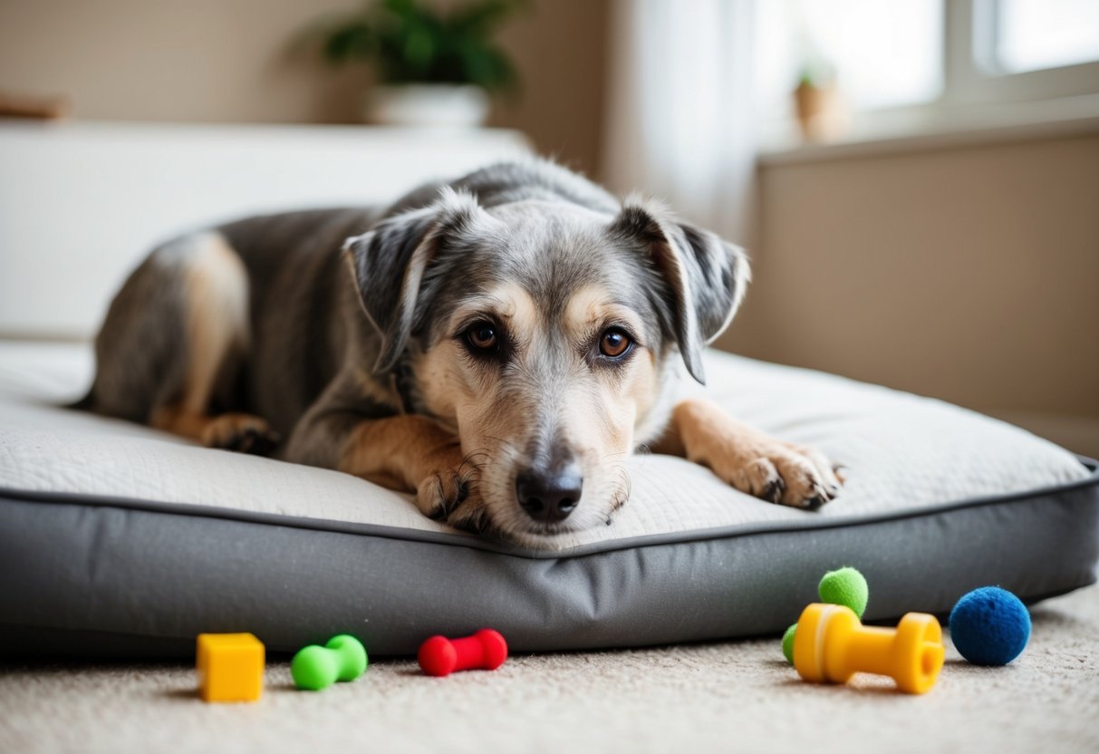 An 11-year-old dog with graying fur and a slower gait, resting on a comfortable bed with a few toys scattered around