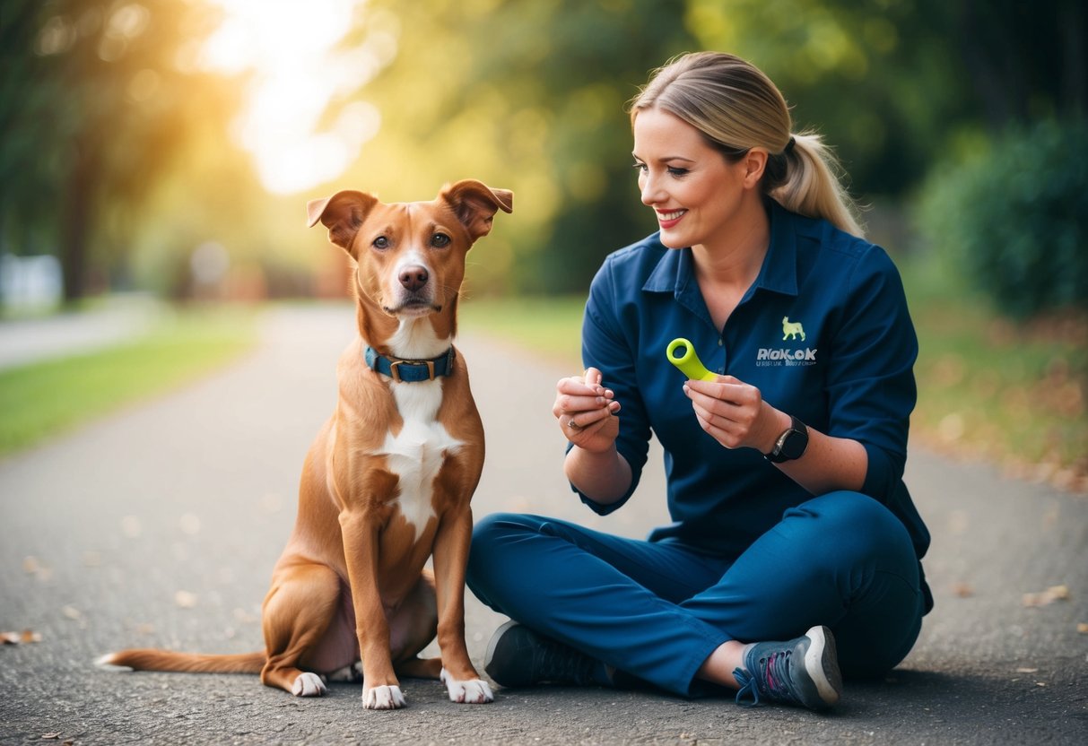 A 1-year-old dog sits attentively, ears perked, next to a professional dog trainer holding a clicker and treats, ready for a training session