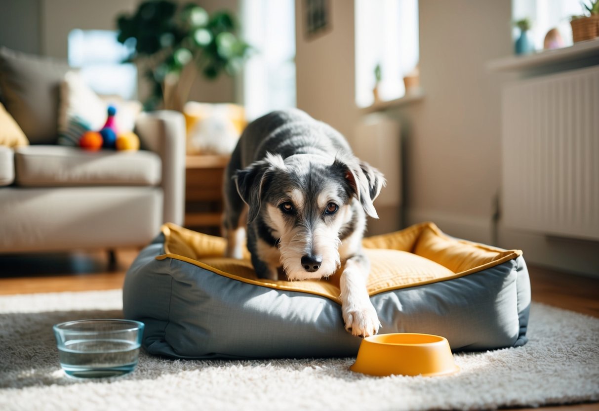 An 11-year-old dog with graying fur and slower movements explores a cozy, cushioned bed in a sunlit room, surrounded by familiar toys and a water bowl