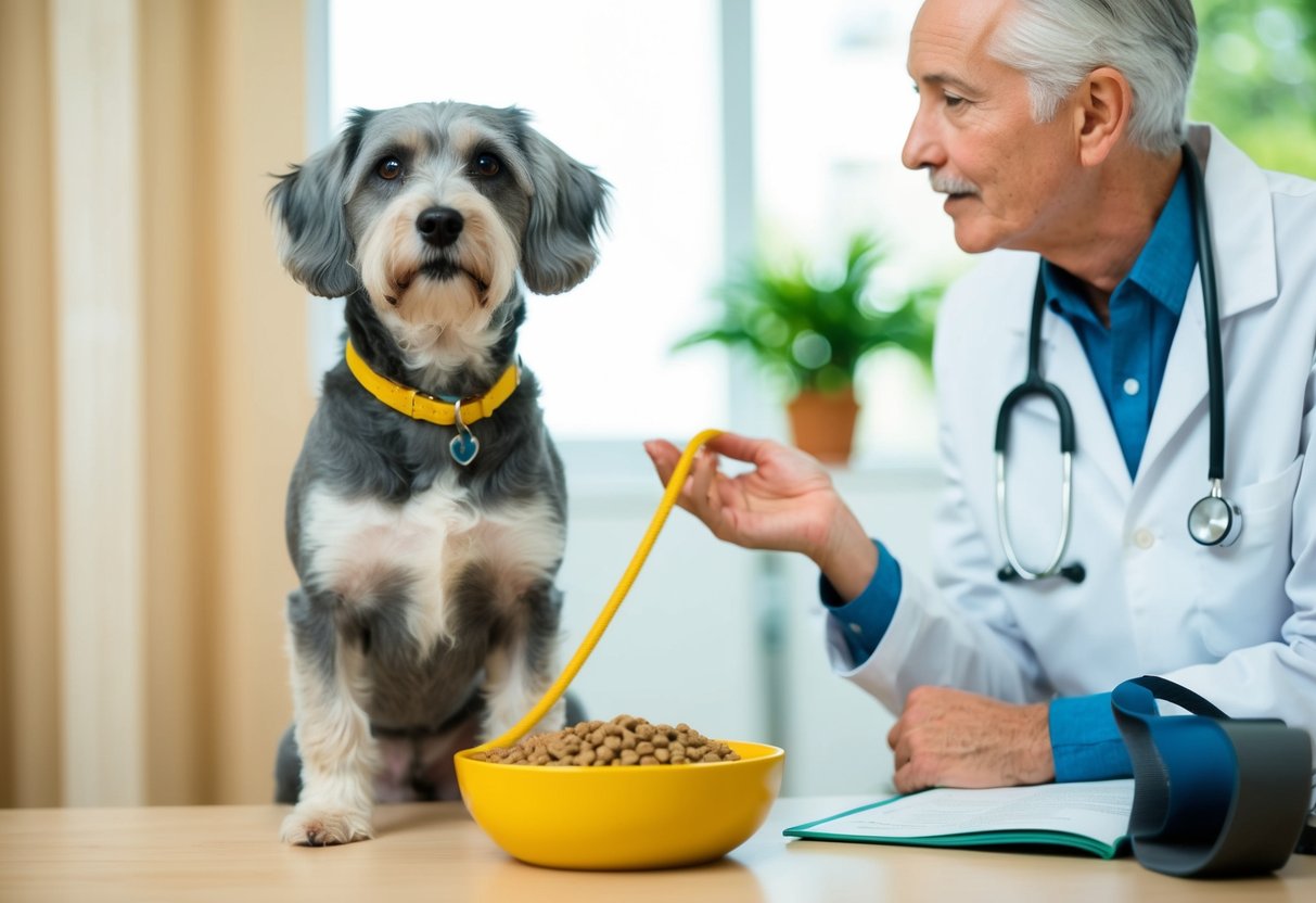 An 11-year-old dog with graying fur stands beside a bowl of nutritious food and a leash, while a veterinarian discusses exercise options