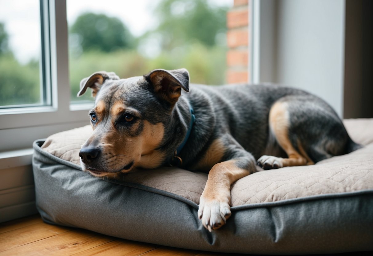 A 5-year-old dog with gray fur rests on a worn-out dog bed, looking out the window with a tired but wise expression