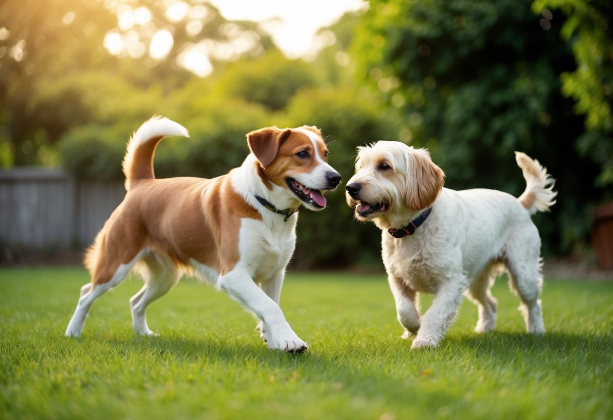 A 5-year-old dog with a shiny coat and bright eyes playing outdoors with a senior dog in a peaceful, green backyard