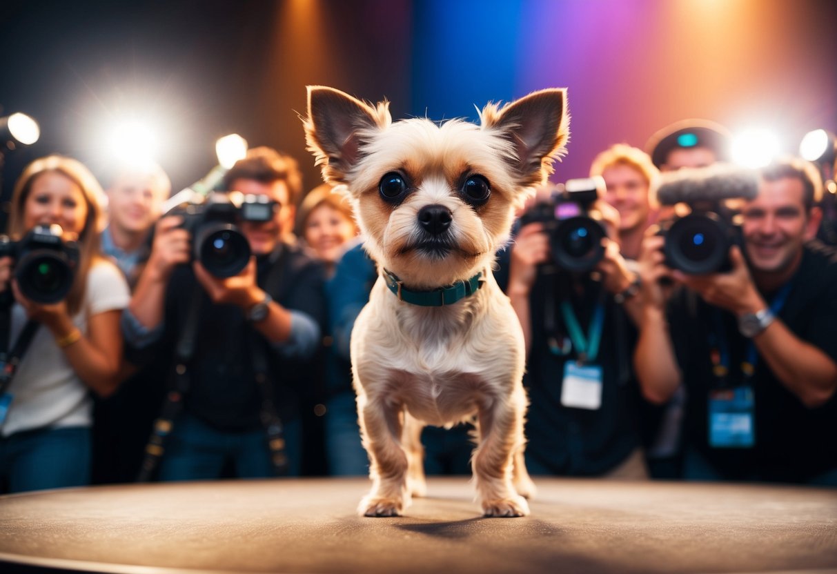 A small dog with big eyes stands on a stage, surrounded by flashing cameras and adoring fans