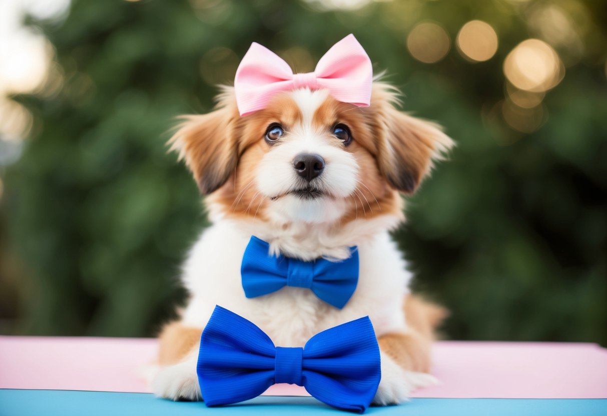 A fluffy dog sits in front of a blue bow tie and a pink hair bow, looking up with a curious expression