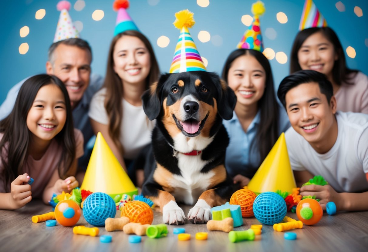 A dog surrounded by toys and treats, with a party hat on, surrounded by smiling faces