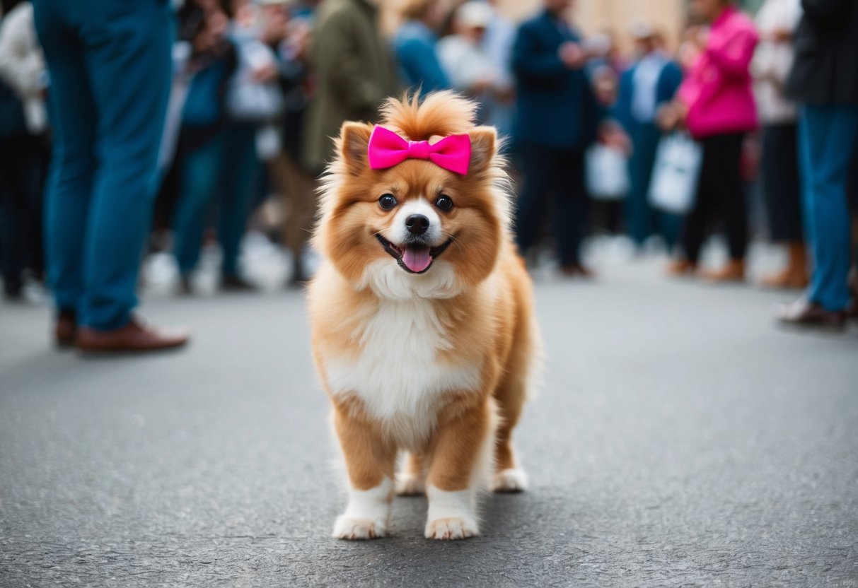 A fluffy dog with a pink bow on its head stands in front of a crowd, wagging its tail