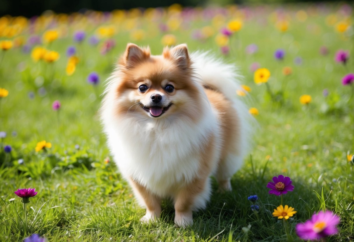 A fluffy Pomeranian dog standing on a grassy field, with a curious expression on its face, surrounded by colorful flowers