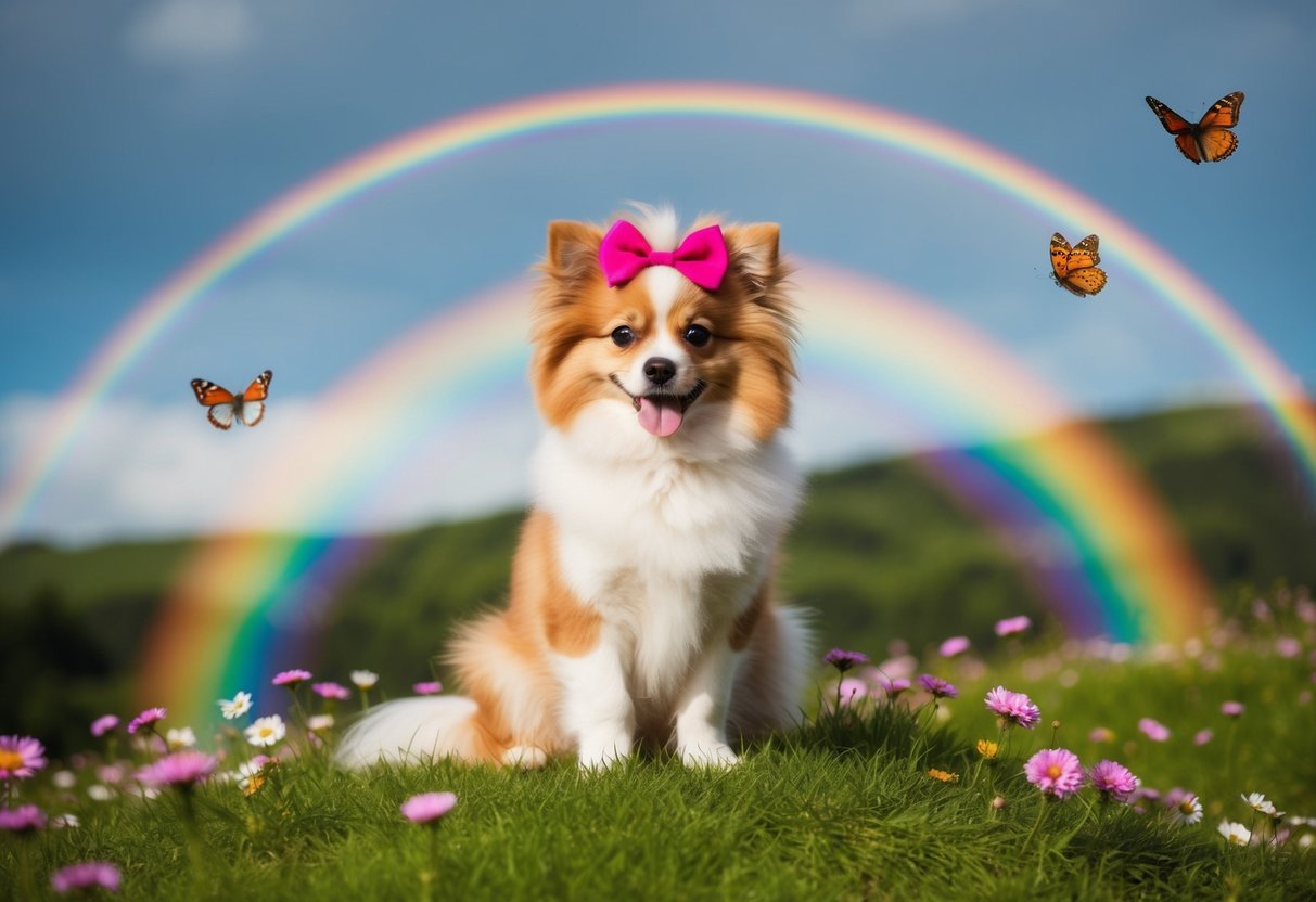 A fluffy dog with a pink bow sits on a grassy hill, surrounded by flowers and butterflies. A rainbow arcs in the sky above