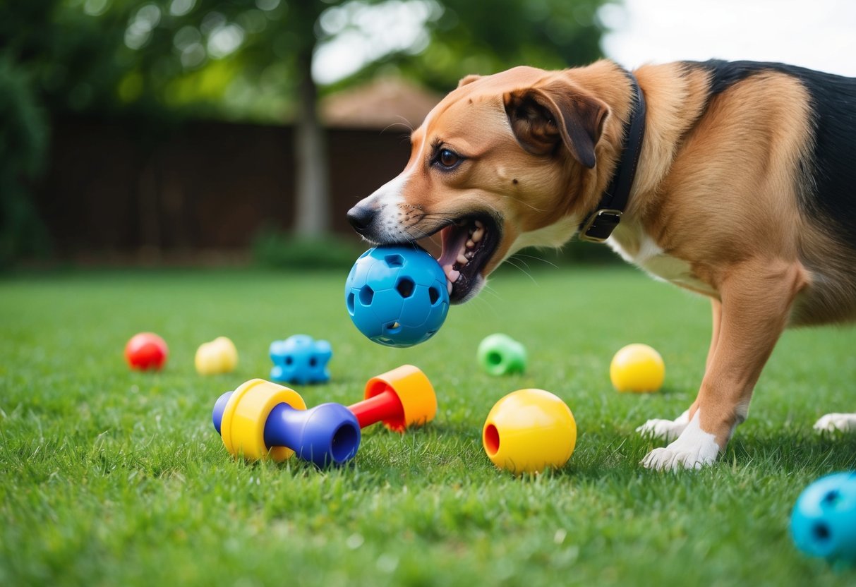 A dog bites a child's toy, scattering it across the yard