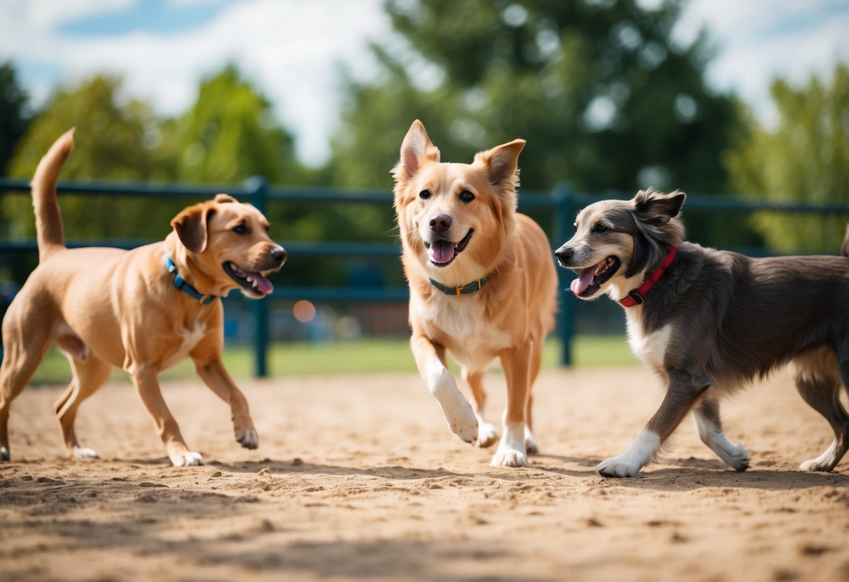 A 5-year-old dog playing with other dogs at a dog park, showing signs of aging through slower movements and less energetic behavior