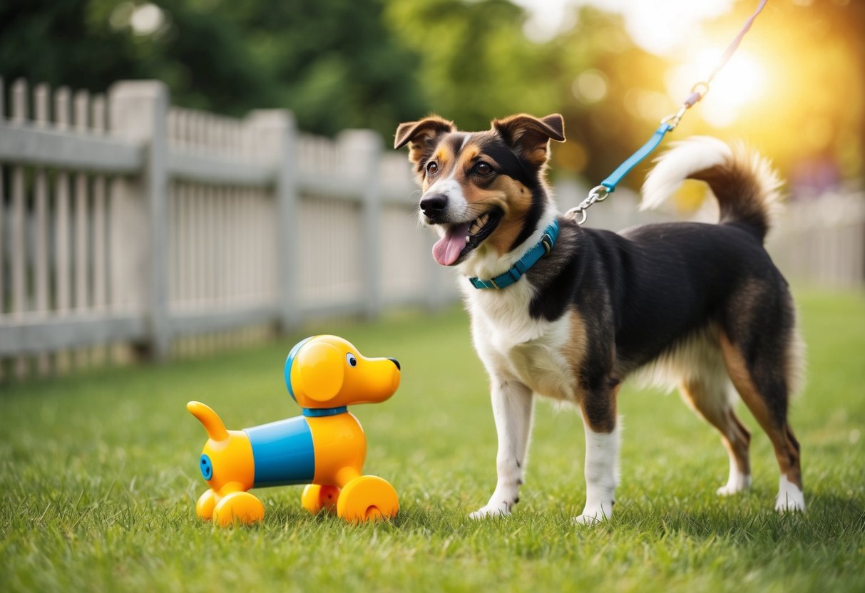 A dog with a wagging tail stands beside a child's toy, while a fence and leash signify responsible pet ownership