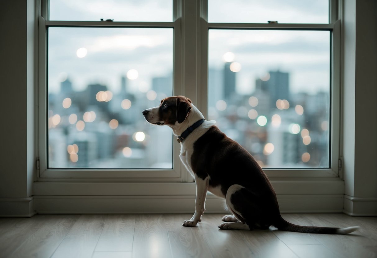 A dog sits alone in an empty room, looking out the window longingly as the hours pass by