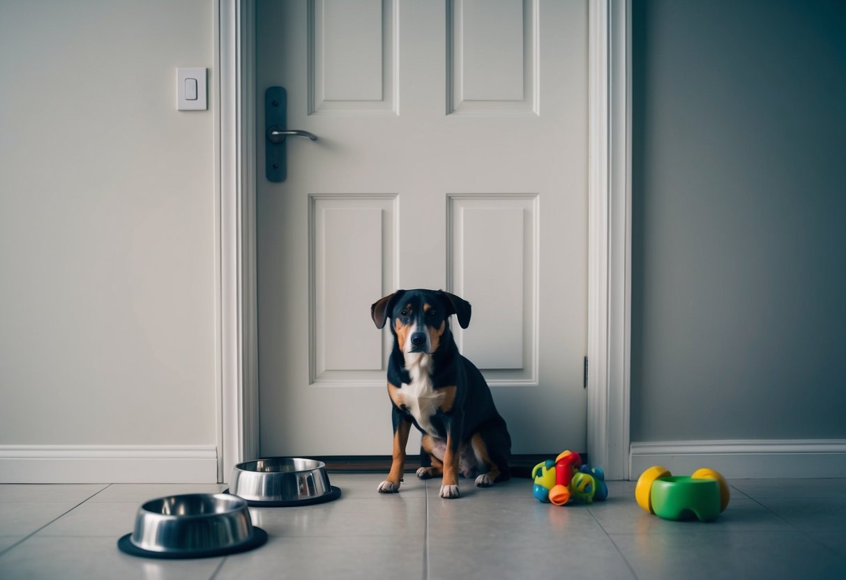 A lonely dog sits by a closed door, surrounded by empty food and water bowls, toys untouched
