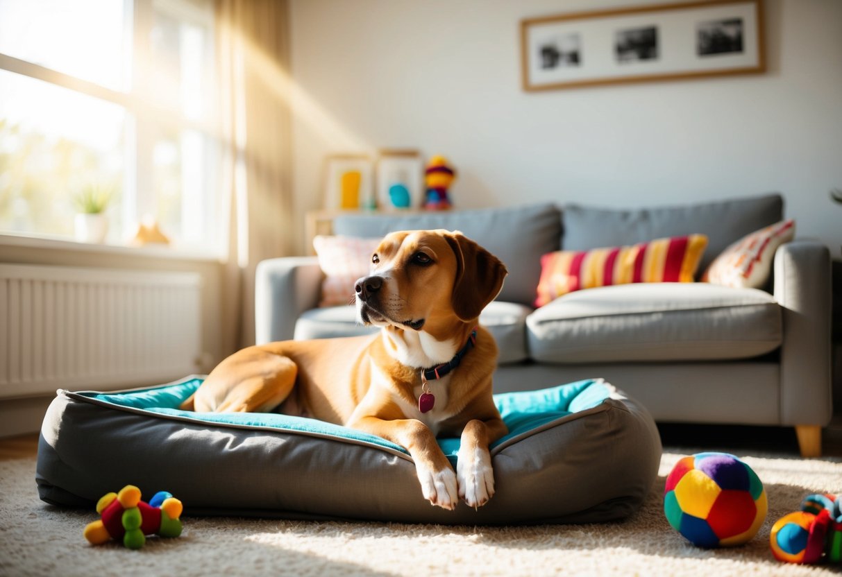 A dog lounges contentedly in a cozy living room, surrounded by toys and a comfortable bed, with a sunbeam streaming in through the window