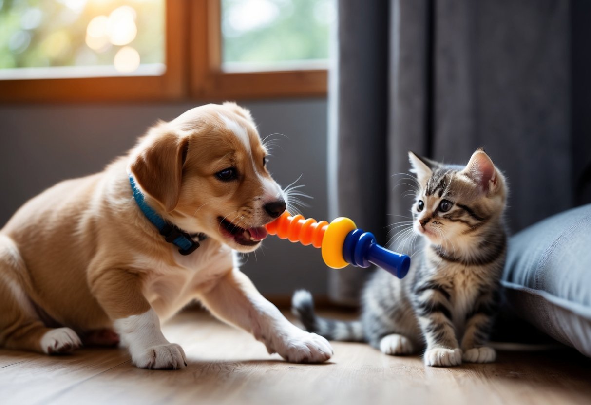 A playful puppy tugs at a chew toy, while a curious kitten watches from a cozy corner