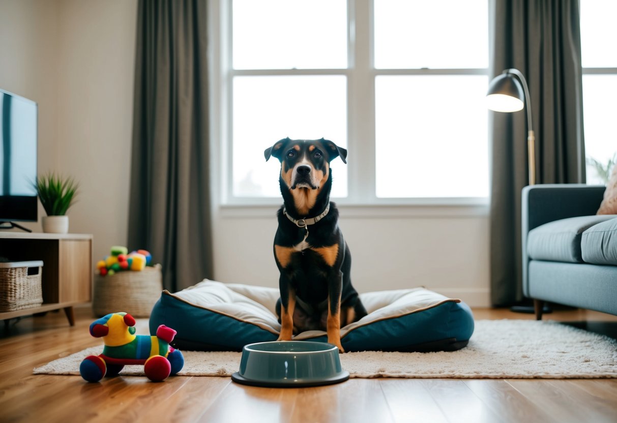 A dog sitting alone in a living room, surrounded by toys, a comfortable bed, and a full water bowl. A large window lets in natural light