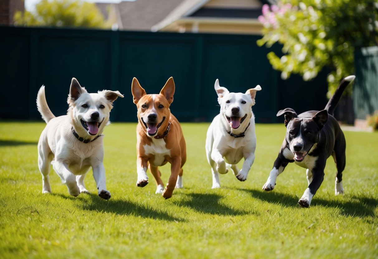 Four dogs playing in a spacious backyard, chasing each other and rolling around in the grass, with wagging tails and joyful barks