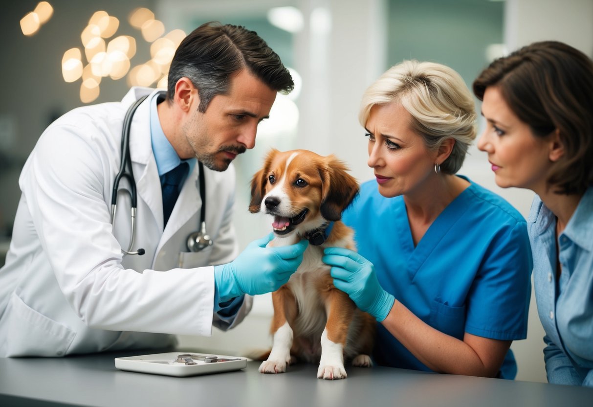 A veterinarian examines a young dog, checking its teeth and fur while the owner looks on with concern