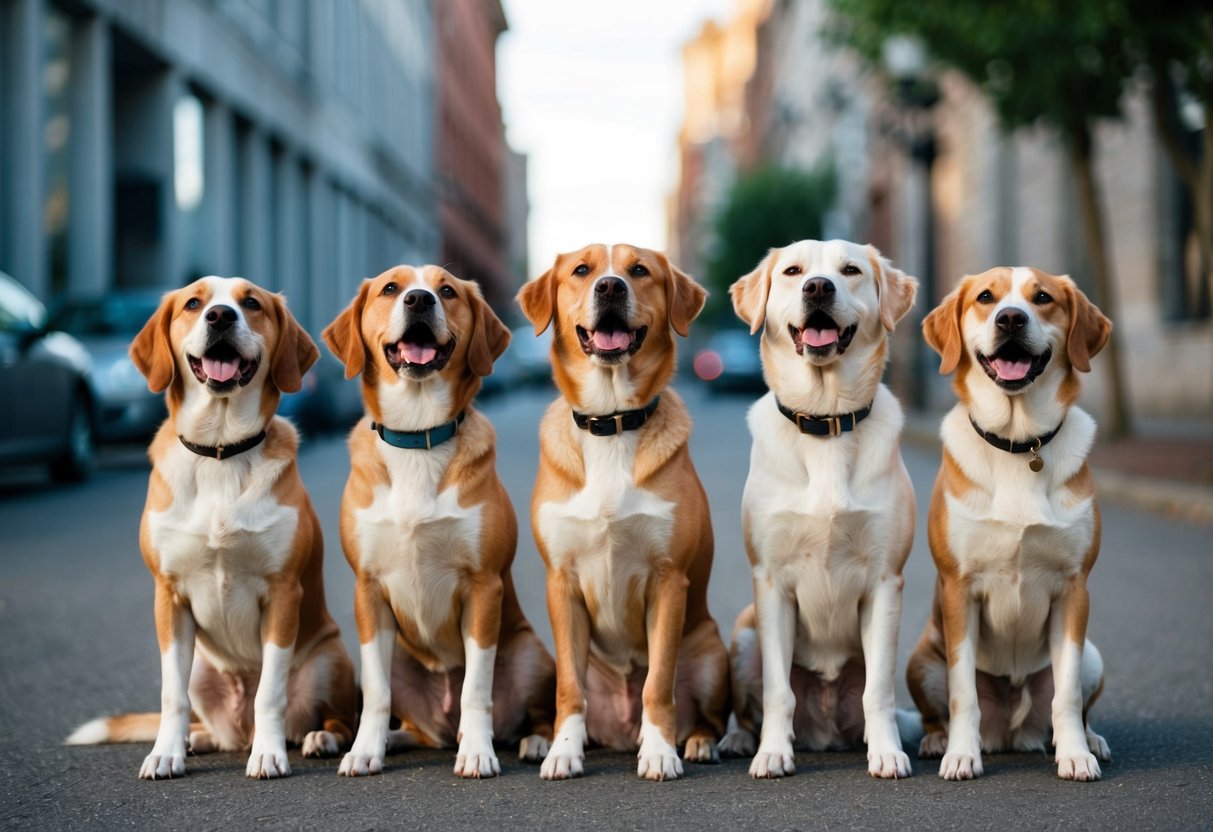 Four dogs sitting obediently in a row, gazing up at their owner with eager eyes, tails wagging in unison