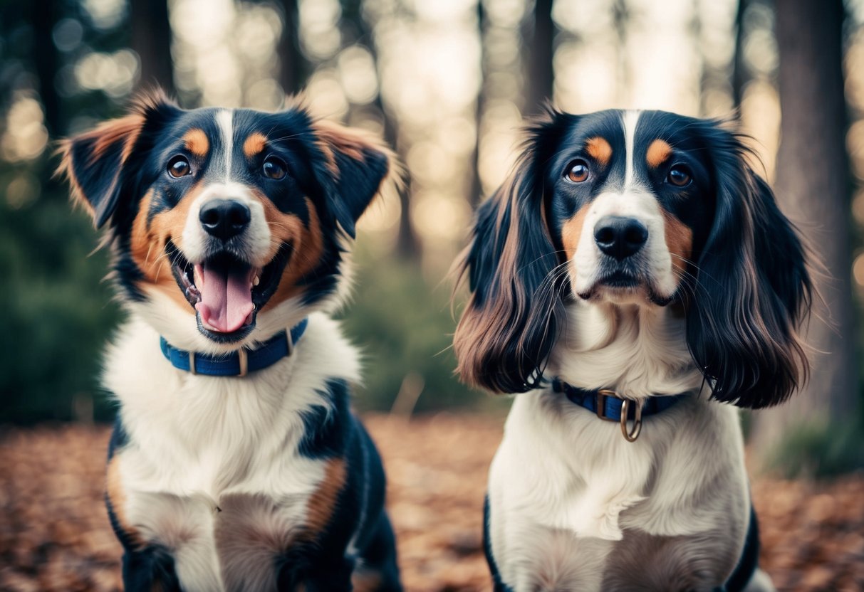 A boy and girl dog stand side by side, each with a different expression. The boy dog is playful and energetic, while the girl dog is calm and attentive
