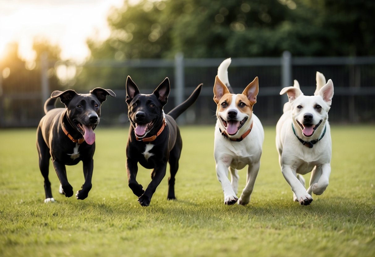 Four dogs playing together in a spacious, fenced yard, wagging their tails and chasing each other. They exhibit friendly and harmonious social dynamics