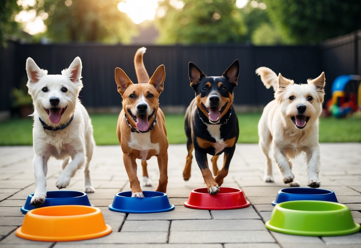 Four dogs of different breeds playing happily in a spacious backyard, surrounded by toys and water bowls