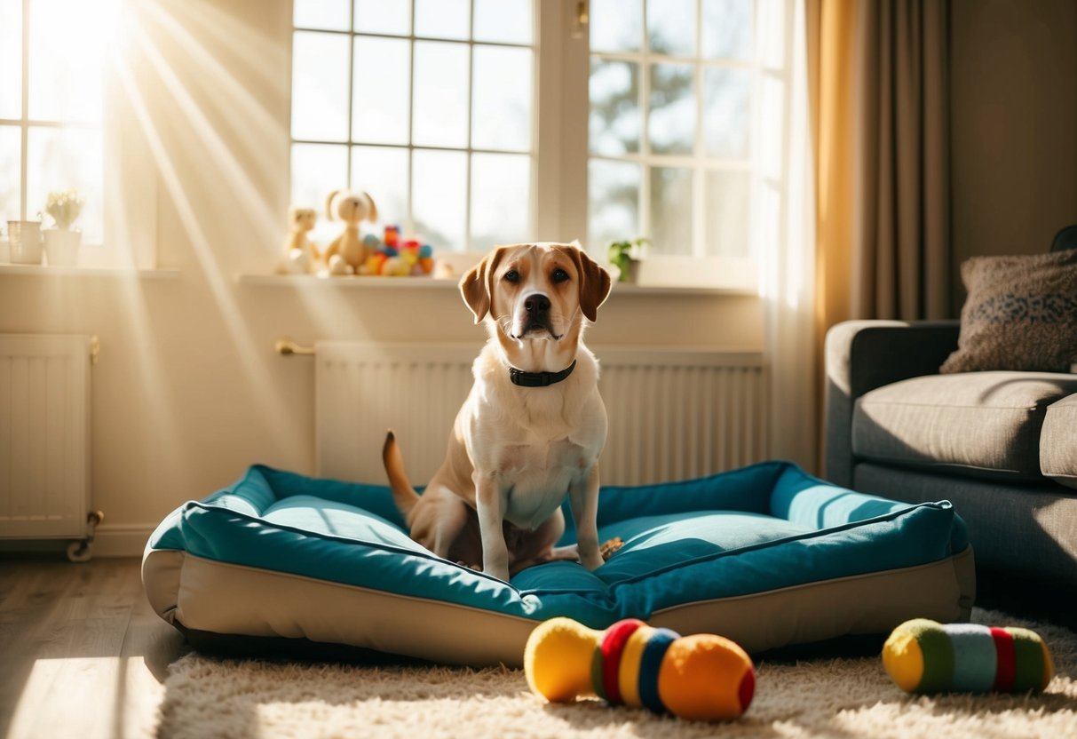 A dog sits alone in a cozy living room, surrounded by toys and a comfortable bed. Sunlight streams in through the window, casting warm rays across the room