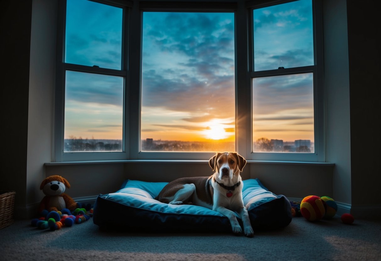 A dog sits alone in a dimly lit room, surrounded by toys and a comfortable bed. The window shows the passing of time, as the sun rises and sets over the course of a workday