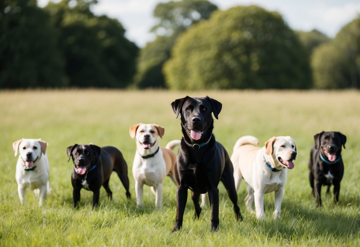 A black dog stands out among a group of lighter-colored dogs in a grassy field