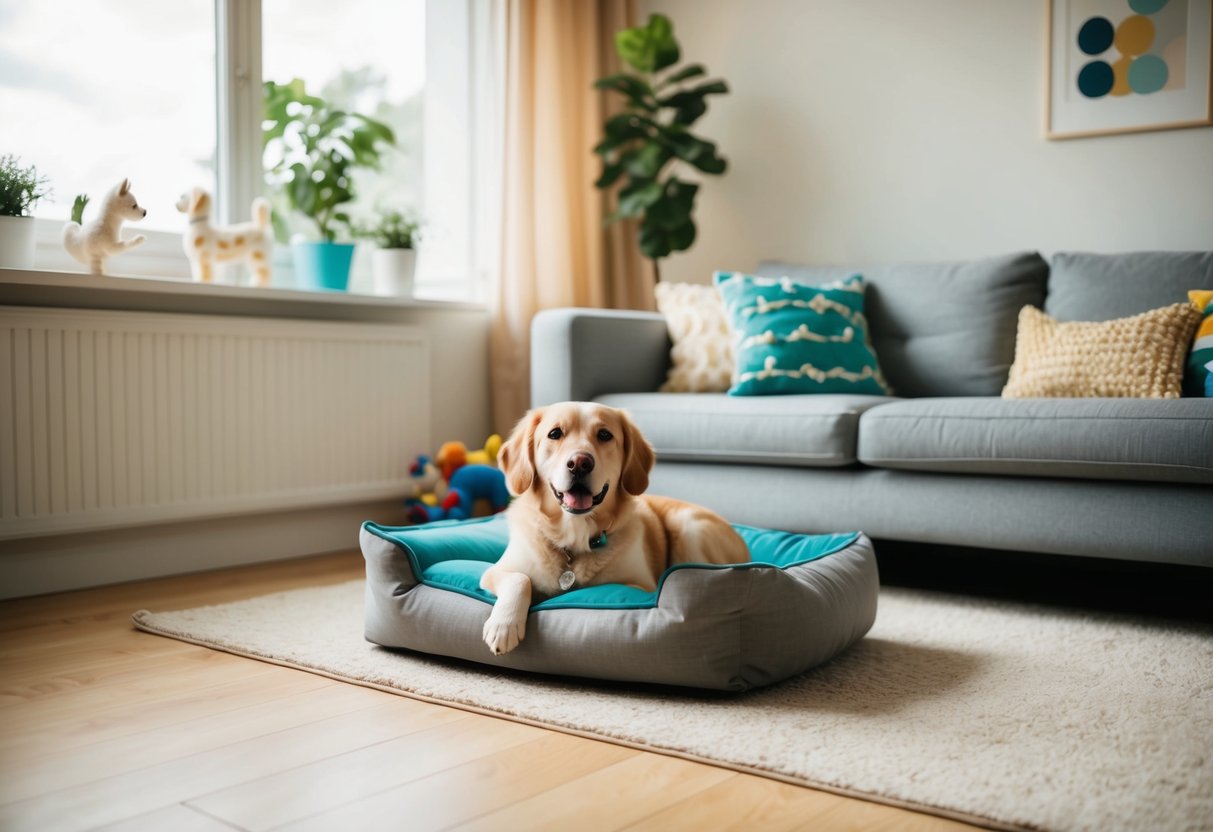 A cozy living room with a soft dog bed, toys, and natural light streaming in through the window