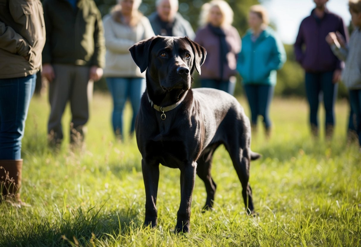 A black dog stands alone in a field, surrounded by curious onlookers. Its glossy coat shimmers in the sunlight, dispelling misconceptions of its rarity