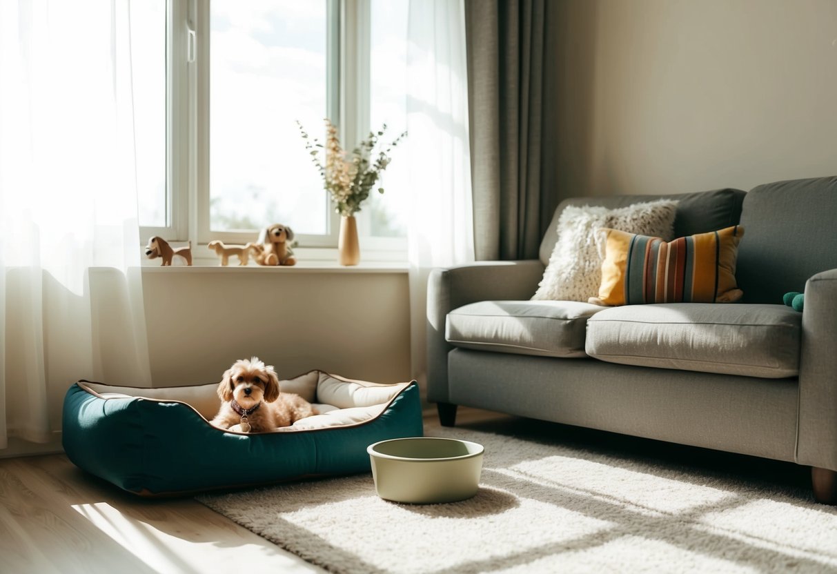 A cozy living room with a comfortable dog bed, toys, and a water bowl. Sunlight streams in through the window, creating a warm and inviting atmosphere