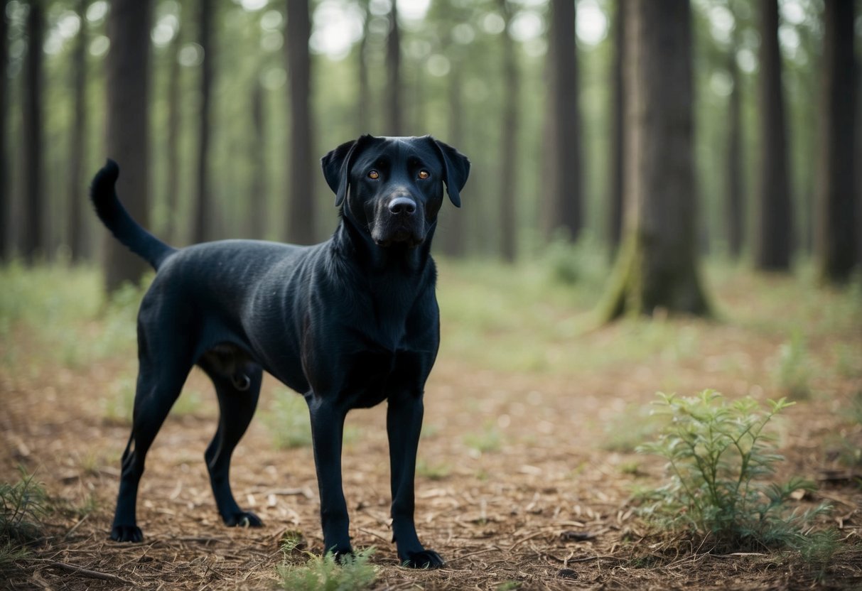 A sleek black dog with bright eyes stands confidently in a forest clearing, surrounded by a mysterious aura