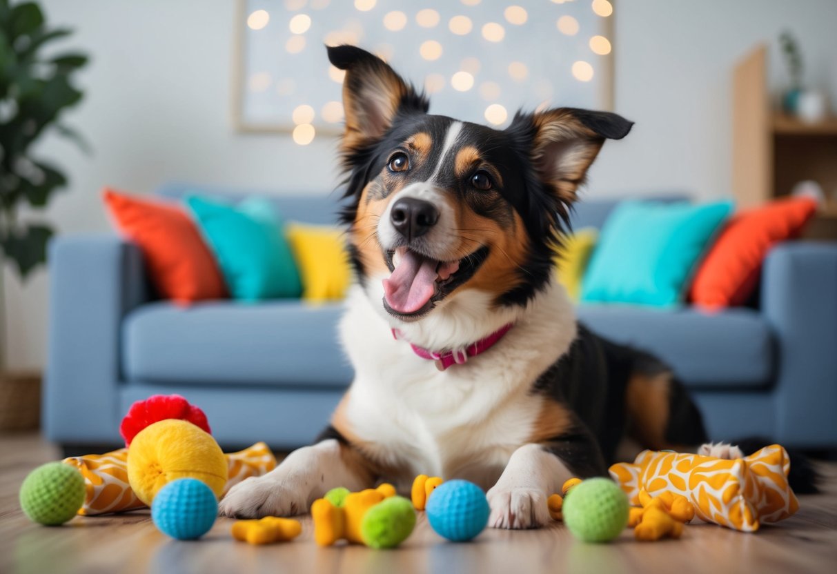 A happy dog named Juno wagging tail, surrounded by toys and treats