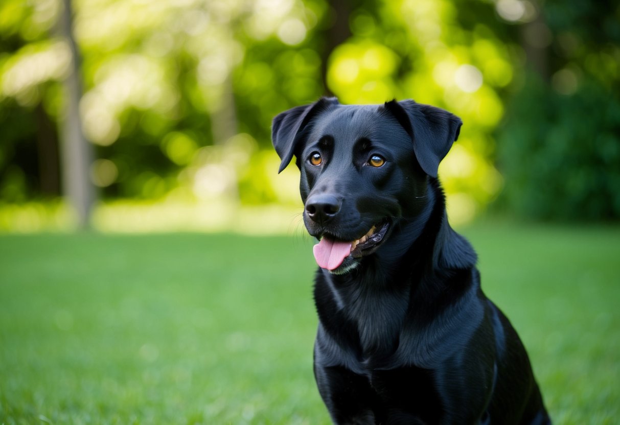 A black dog with a shiny coat stands out against a lush green background, its bright eyes reflecting a sense of curiosity and intelligence