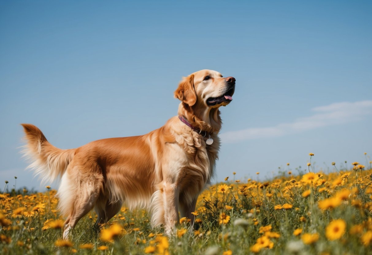 A golden retriever named Juno stands proudly in a field of wildflowers, her ears perked and her tail wagging as she gazes up at the clear blue sky