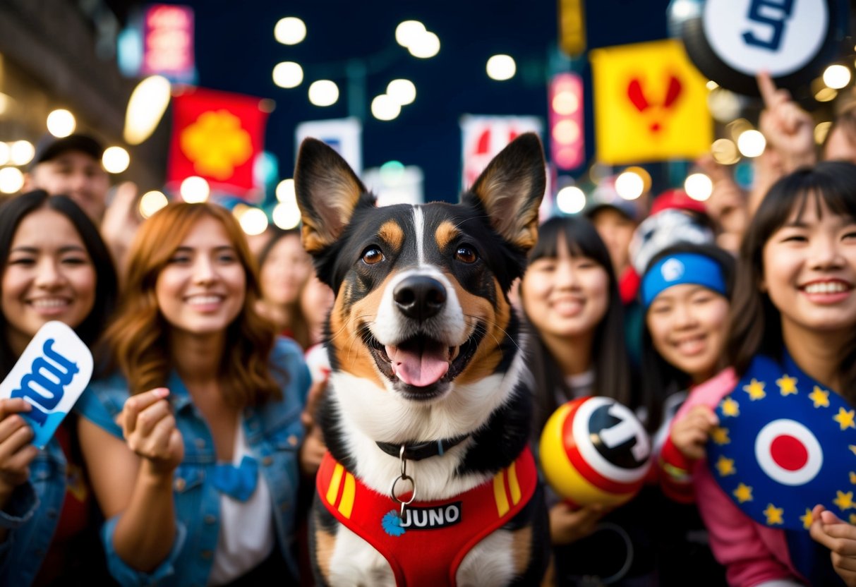 A happy, energetic dog named Juno surrounded by adoring fans and cultural symbols
