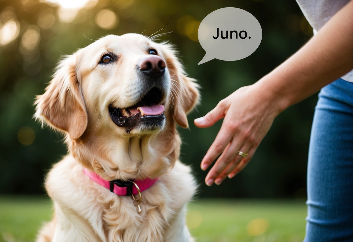 A golden retriever with a pink collar looks up eagerly as a person calls out "Juno."