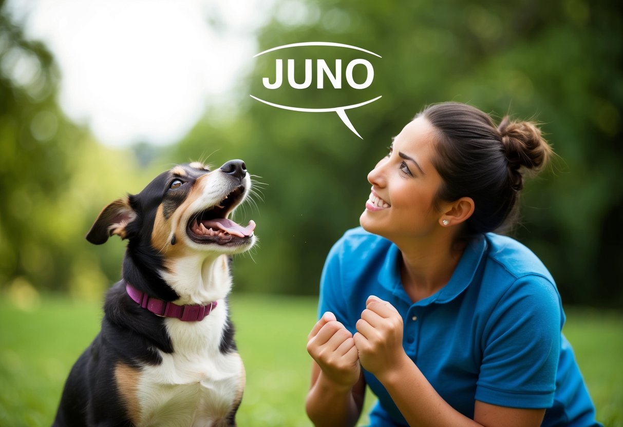 A happy, energetic dog with a wagging tail responds to the name "Juno" with a playful bark, looking up at its owner with bright, attentive eyes