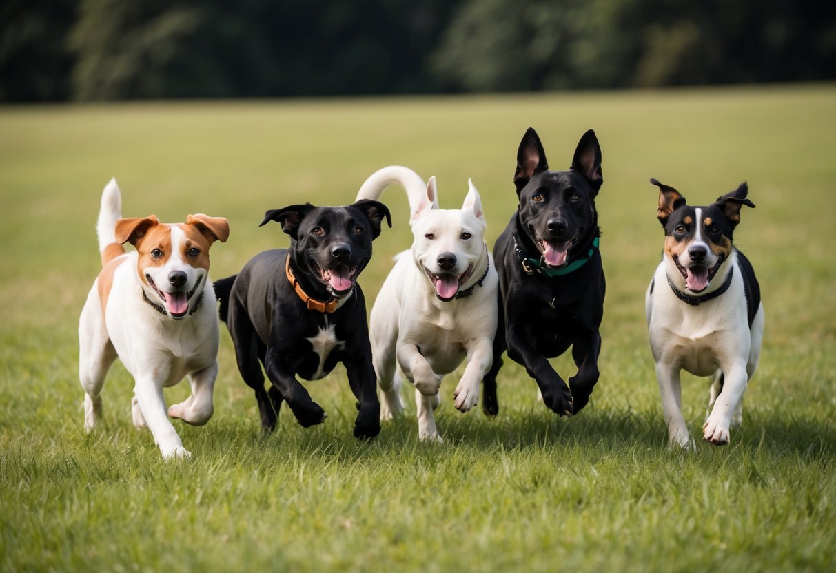 A group of dogs of various breeds playing together in a grassy field