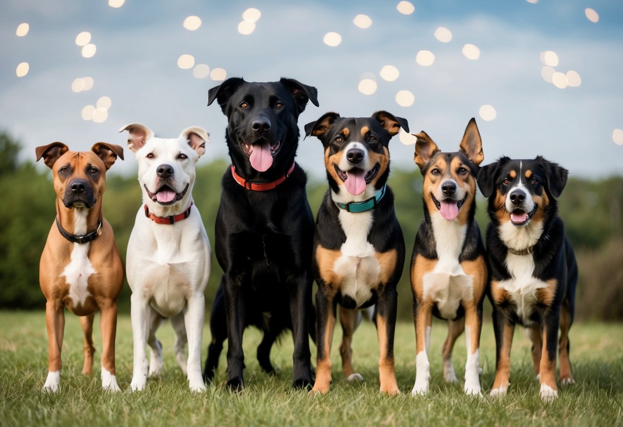 A pack of diverse dog breeds standing together, showcasing their unique physical characteristics and sizes