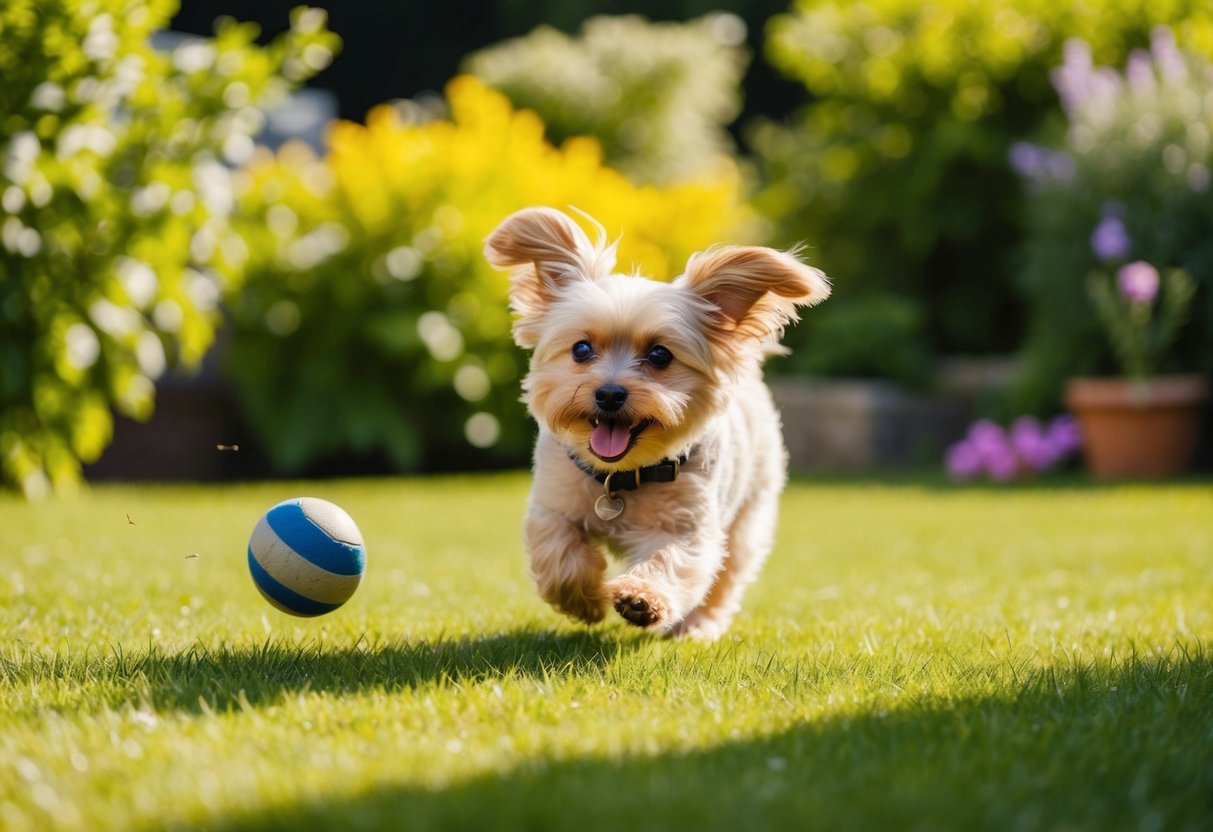 A small, fluffy dog named Boo is happily playing in a sunny garden, chasing after a ball and wagging its tail