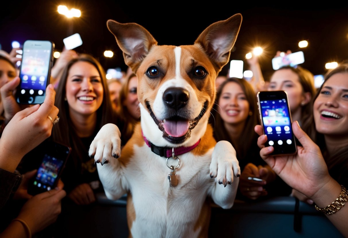 Boo the dog posing in front of a camera with a playful expression, surrounded by a crowd of adoring fans and flashing smartphones