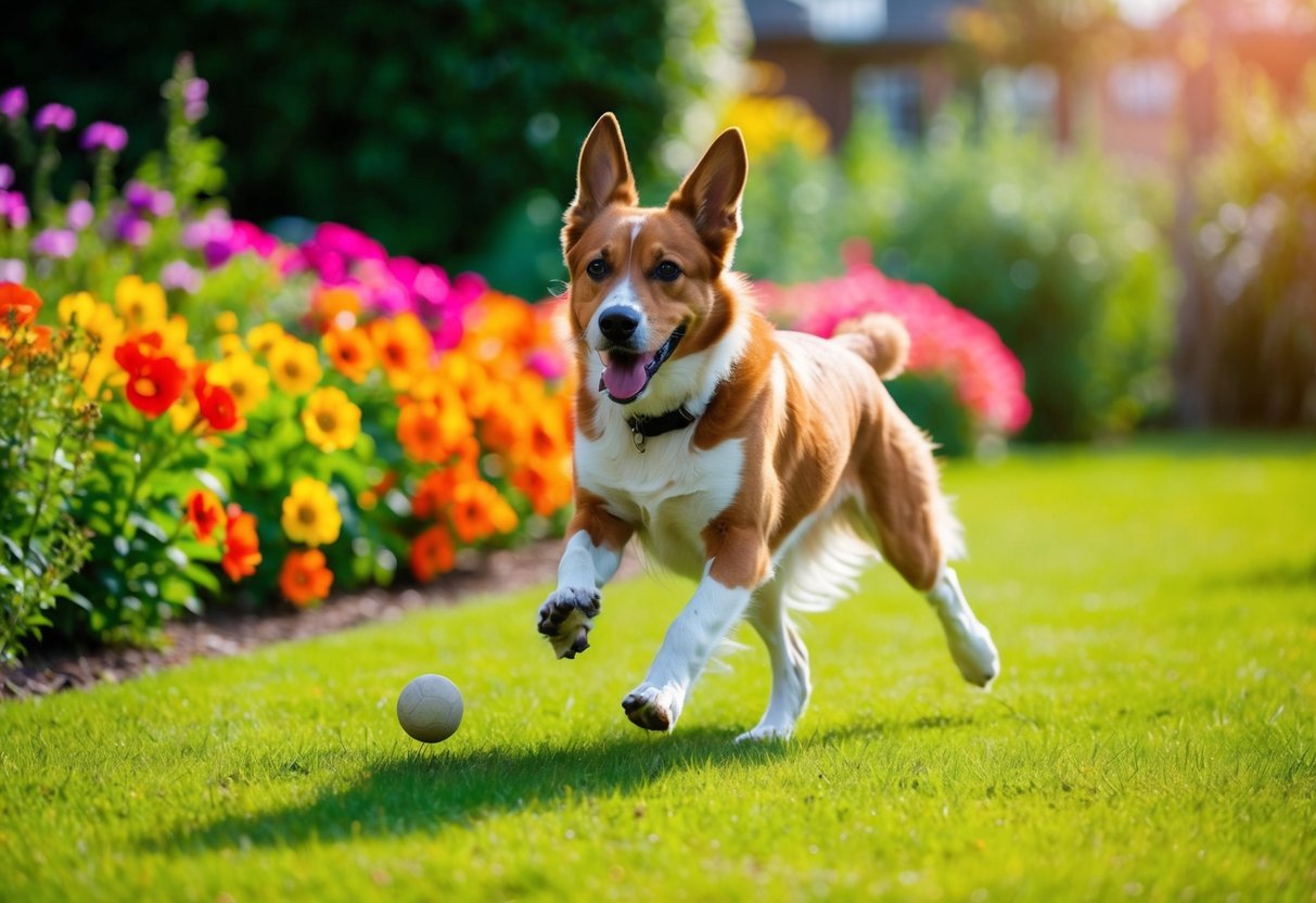 A vibrant garden with colorful flowers and a lively dog running and playing with a ball