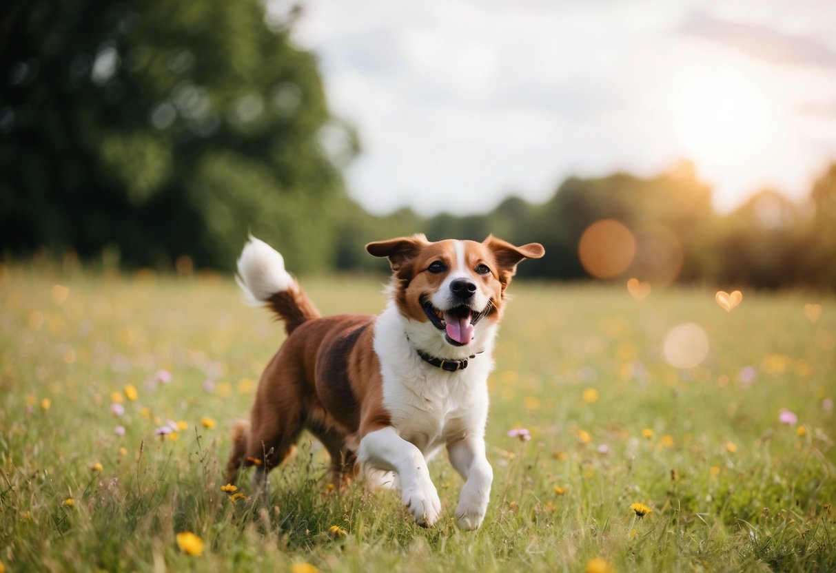 A joyful dog named Boo plays in a field, surrounded by love