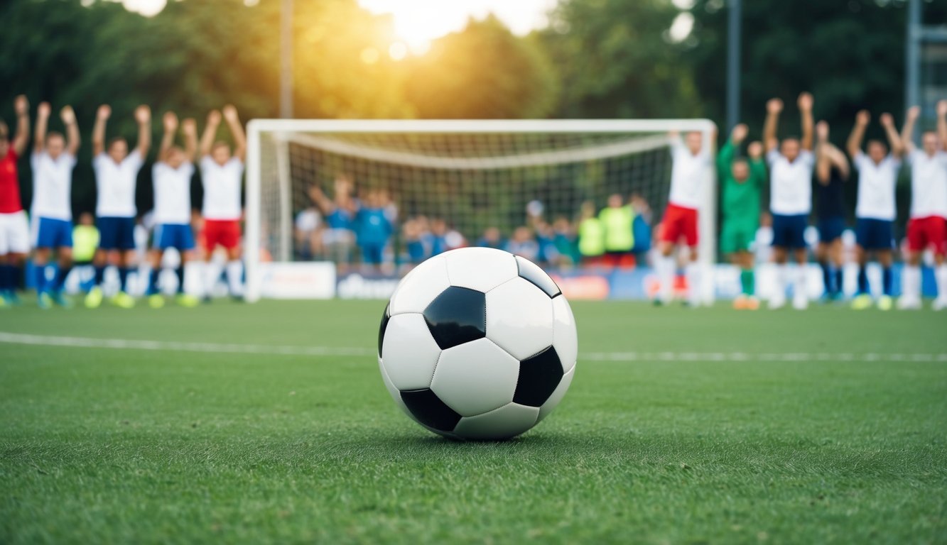 Sebuah bola sepak yang bergulir di lapangan hijau, dikelilingi oleh tiang gawang dan penonton yang bersorak